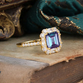 2.5CT Radiant Cut Alexandrite Engagement Ring Pave Halo Bridal Ring